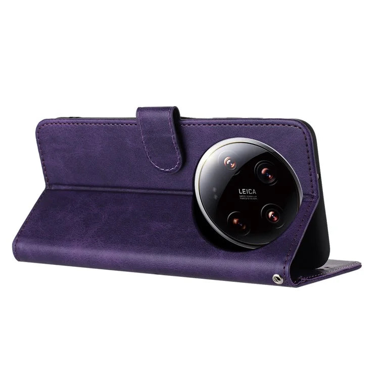 For Xiaomi 14 Ultra Case PU Leather Stand Phone Back Cover with Wrist Strap