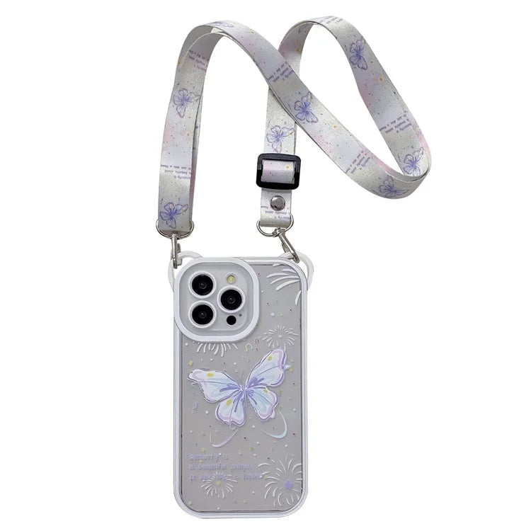 For iPhone 13 Pro Case Butterfly Pattern Clear TPU Phone Cover with Lanyard