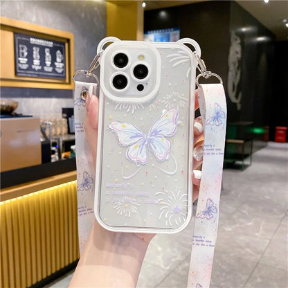 For iPhone 13 Pro Case Butterfly Pattern Clear TPU Phone Cover with Lanyard