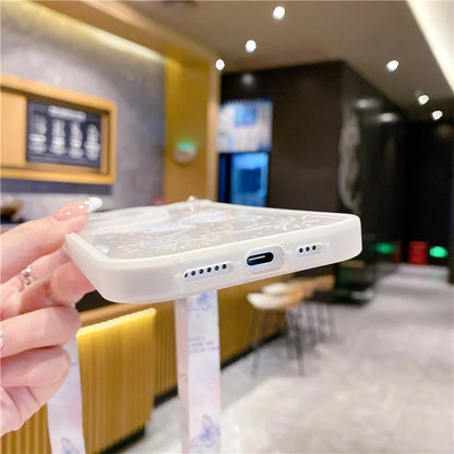 For iPhone 13 Pro Case Butterfly Pattern Clear TPU Phone Cover with Lanyard