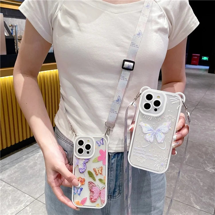 For iPhone 13 Pro Case Butterfly Pattern Clear TPU Phone Cover with Lanyard