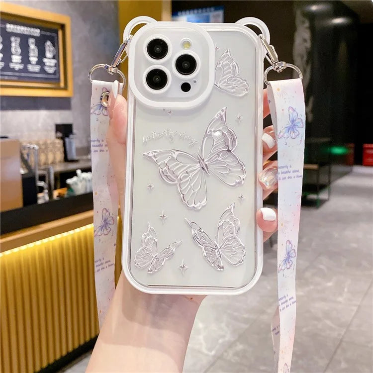For iPhone 13 Pro Case Butterfly Pattern Clear TPU Phone Cover with Lanyard