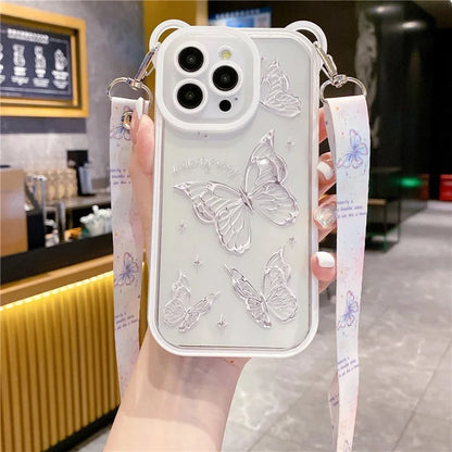 For iPhone 13 Pro Case Butterfly Pattern Clear TPU Phone Cover with Lanyard