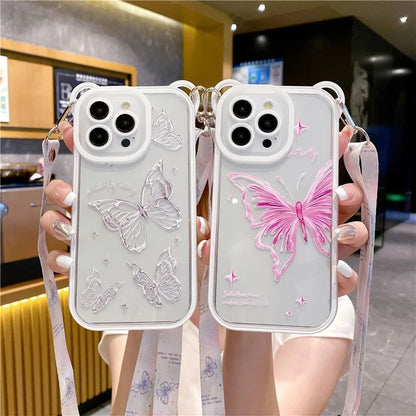For iPhone 13 Pro Case Butterfly Pattern Clear TPU Phone Cover with Lanyard