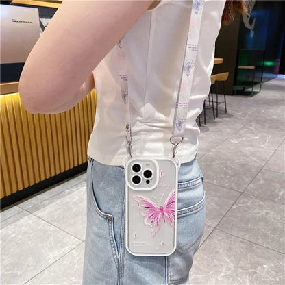 For iPhone 13 Pro Case Butterfly Pattern Clear TPU Phone Cover with Lanyard