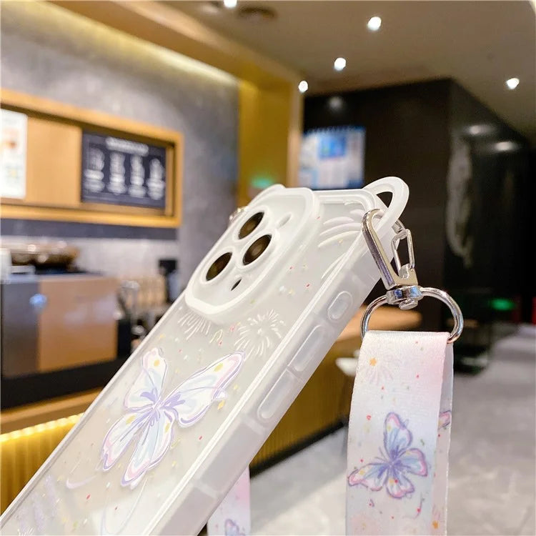 For iPhone 13 Pro Case Butterfly Pattern Clear TPU Phone Cover with Lanyard