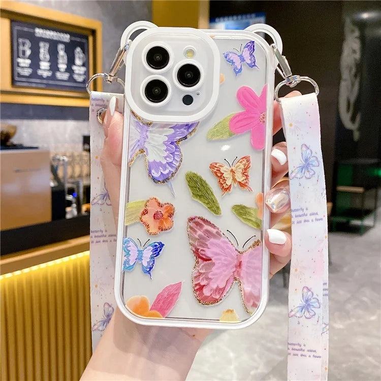 For iPhone 13 Pro Case Butterfly Pattern Clear TPU Phone Cover with Lanyard