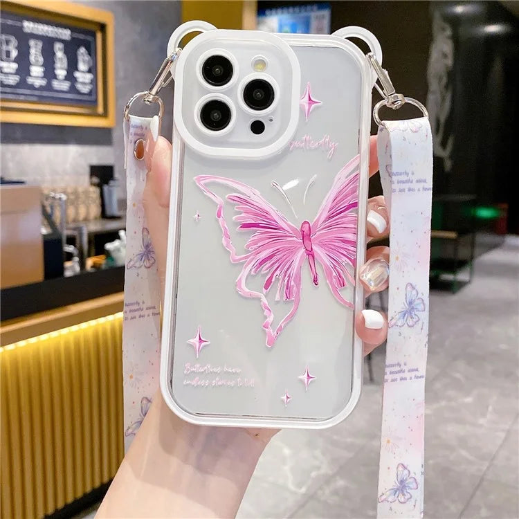For iPhone 15 Pro TPU Case Butterfly Pattern Design Flexible Phone Cover with Lanyard