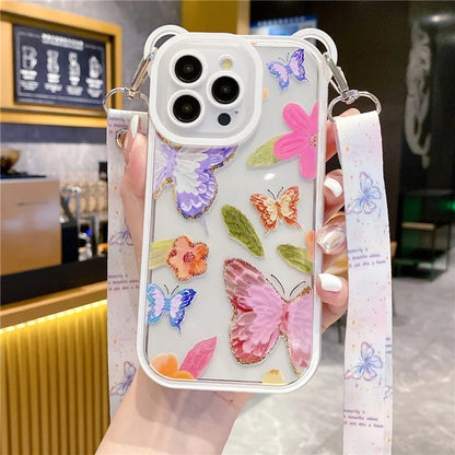 For iPhone 15 Pro TPU Case Butterfly Pattern Design Flexible Phone Cover with Lanyard