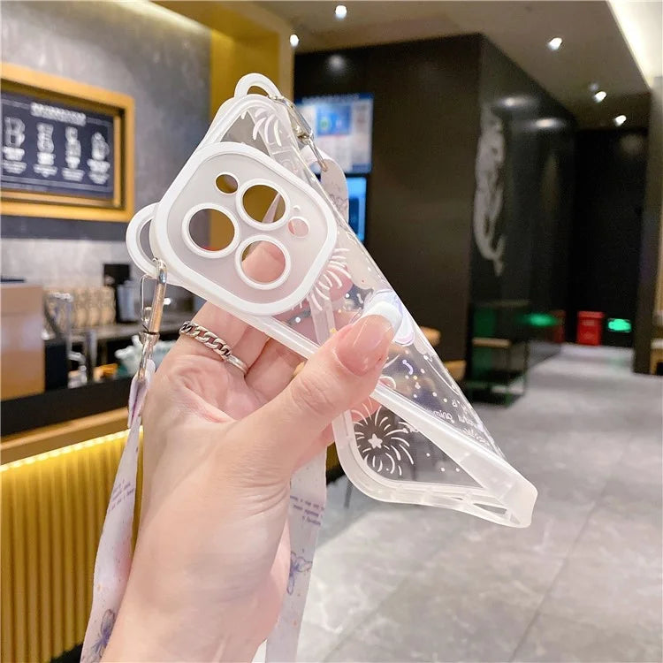 For iPhone 15 Pro TPU Case Butterfly Pattern Design Flexible Phone Cover with Lanyard