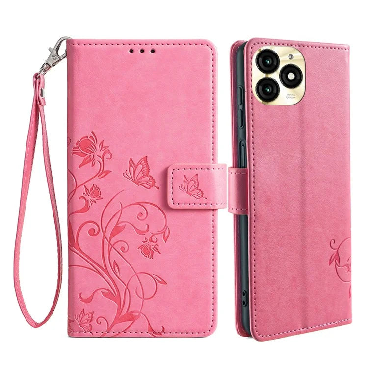 For itel A70 Phone Case Butterfly Flower Imprint PU Leather Wallet Cover