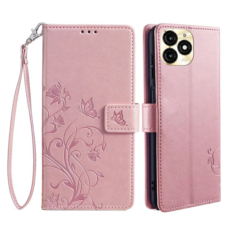 For itel A70 Phone Case Butterfly Flower Imprint PU Leather Wallet Cover