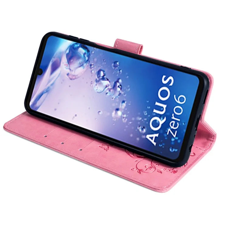 For Sharp Aquos Air / Aquos zero6 Case Butterfly Flower Leather Flipr Phone Cover with Wrist Strap