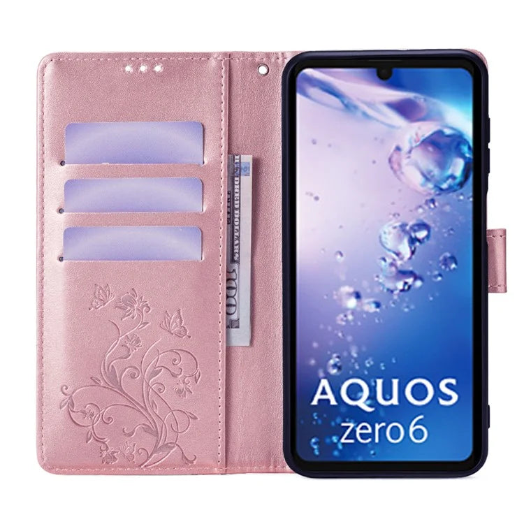 For Sharp Aquos Air / Aquos zero6 Case Butterfly Flower Leather Flipr Phone Cover with Wrist Strap