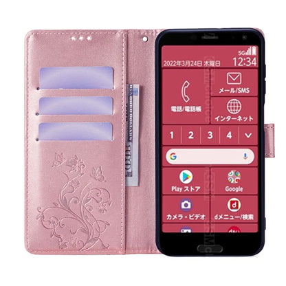 For Fujitsu Arrows F-52B Case Butterfly Flower Design Leather Phone Cover with 3 Card Holder