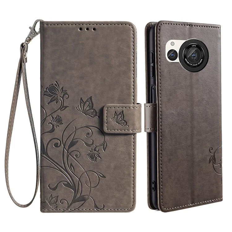For Sharp Aquos R8 SH-52D Case Butterfly Flower Imprint PU Leather Wallet Phone Cover
