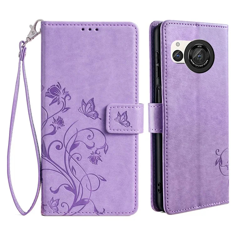 For Sharp Aquos R8 SH-52D Case Butterfly Flower Imprint PU Leather Wallet Phone Cover