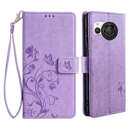 For Sharp Aquos R8 SH-52D Case Butterfly Flower Imprint PU Leather Wallet Phone Cover