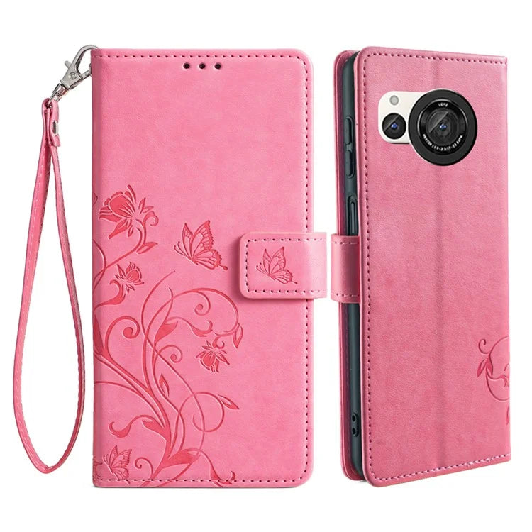 For Sharp Aquos R8 SH-52D Case Butterfly Flower Imprint PU Leather Wallet Phone Cover