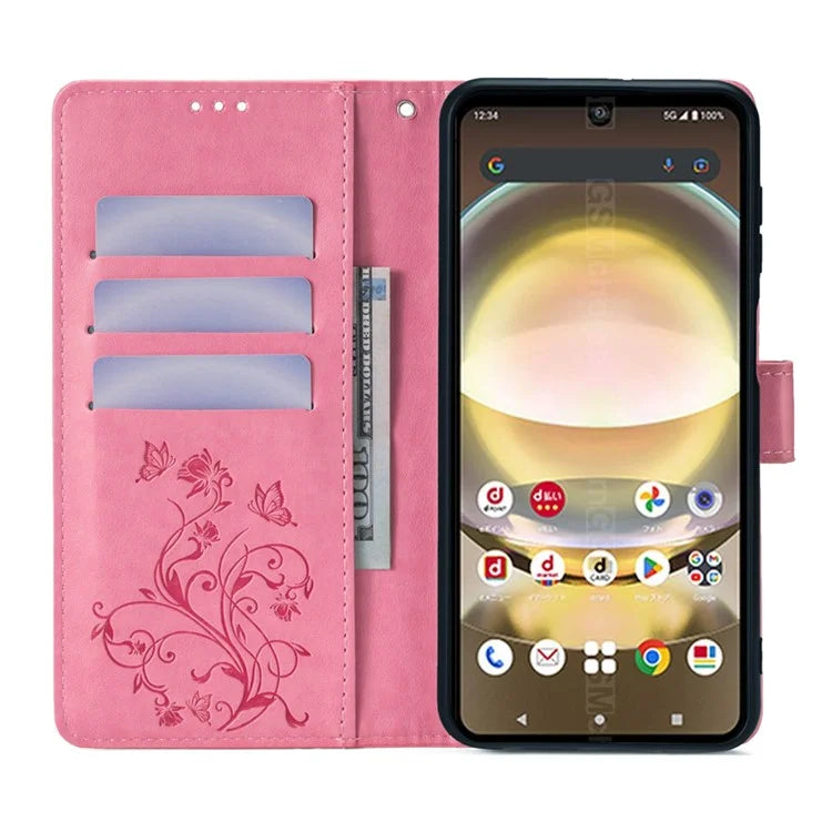 For Sharp Aquos R8 SH-52D Case Butterfly Flower Imprint PU Leather Wallet Phone Cover