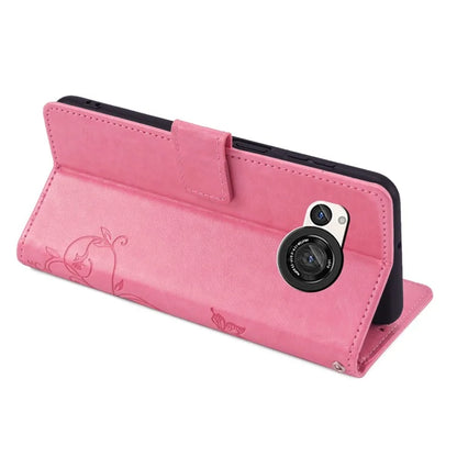 For Sharp Aquos R8 SH-52D Case Butterfly Flower Imprint PU Leather Wallet Phone Cover