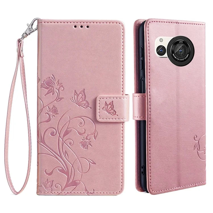 For Sharp Aquos R8 SH-52D Case Butterfly Flower Imprint PU Leather Wallet Phone Cover