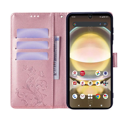 For Sharp Aquos R8 SH-52D Case Butterfly Flower Imprint PU Leather Wallet Phone Cover