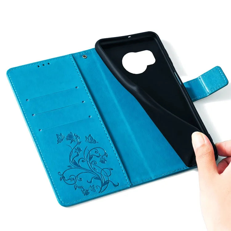 For Sharp Aquos R8 SH-52D Case Butterfly Flower Imprint PU Leather Wallet Phone Cover
