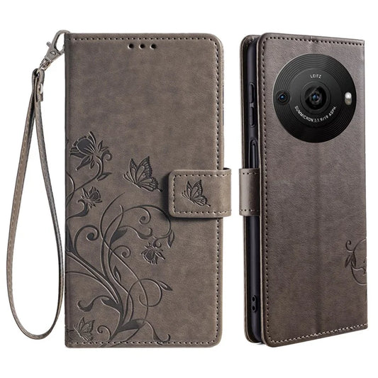 For Sharp Aquos R8 Pro SH-51D Leather Case Imprinted Butterfly Flower Stand Card Slots Phone Cover