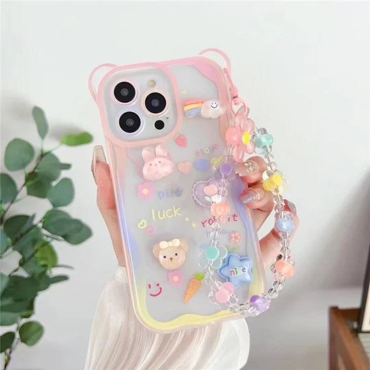 For iPhone 15 Pro Case Cute Bear Fashionable Soft TPU+PC Phone Shell with Hand Strap