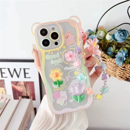 For iPhone 15 Pro Case Cute Bear Fashionable Soft TPU+PC Phone Shell with Hand Strap