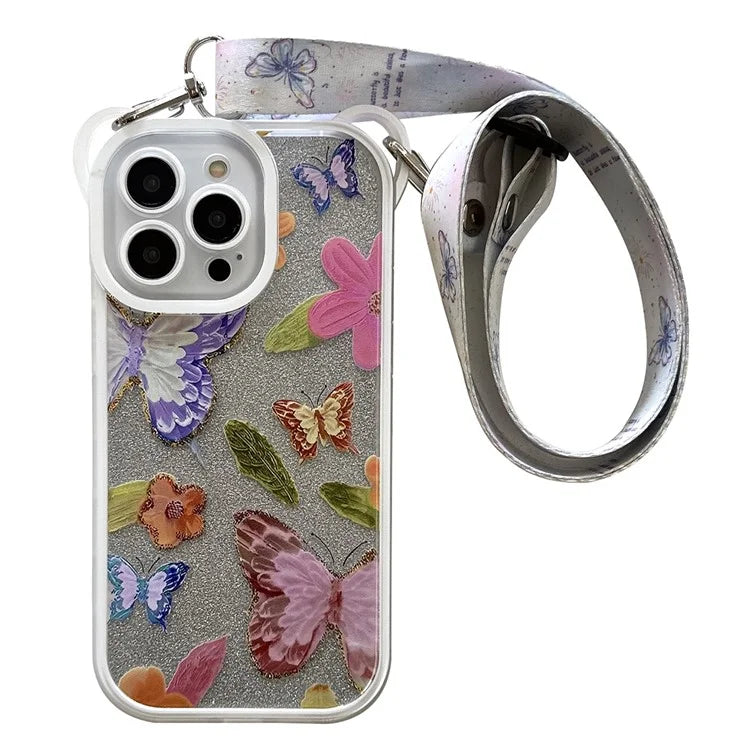 For iPhone 15 Pro Case Butterfly Pattern Glitter TPU Phone Case with Adjustable Lanyard