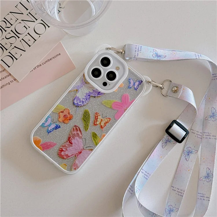For iPhone 15 Pro Case Butterfly Pattern Glitter TPU Phone Case with Adjustable Lanyard