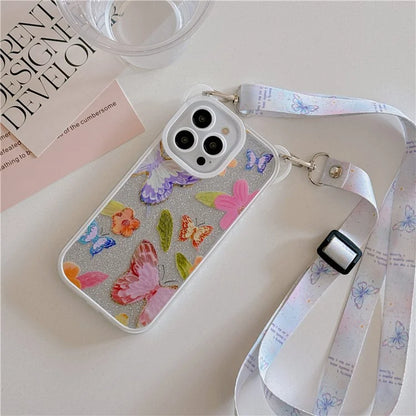 For iPhone 15 Pro Case Butterfly Pattern Glitter TPU Phone Case with Adjustable Lanyard