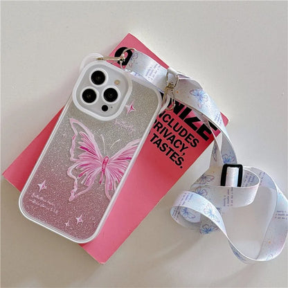 For iPhone 15 Pro Case Butterfly Pattern Glitter TPU Phone Case with Adjustable Lanyard
