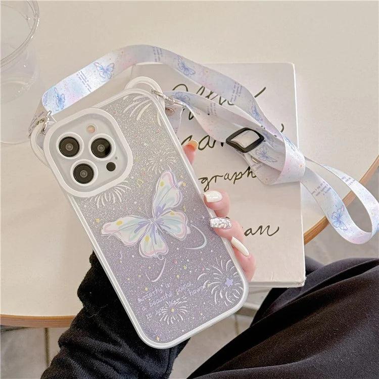 For iPhone 15 Pro Case Butterfly Pattern Glitter TPU Phone Case with Adjustable Lanyard