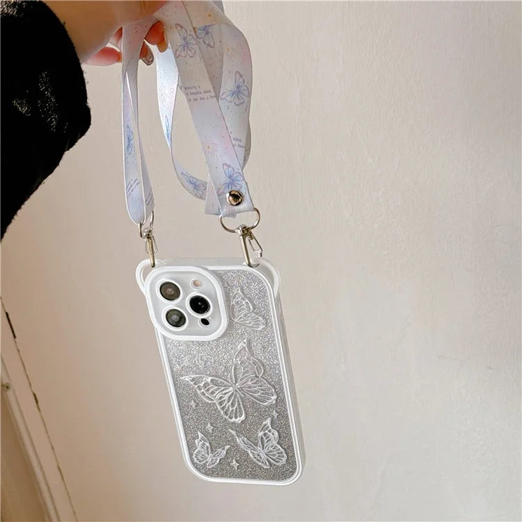 For iPhone 15 Pro Case Butterfly Pattern Glitter TPU Phone Case with Adjustable Lanyard