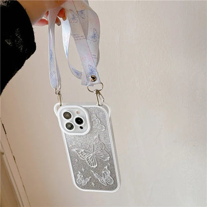 For iPhone 15 Pro Case Butterfly Pattern Glitter TPU Phone Case with Adjustable Lanyard