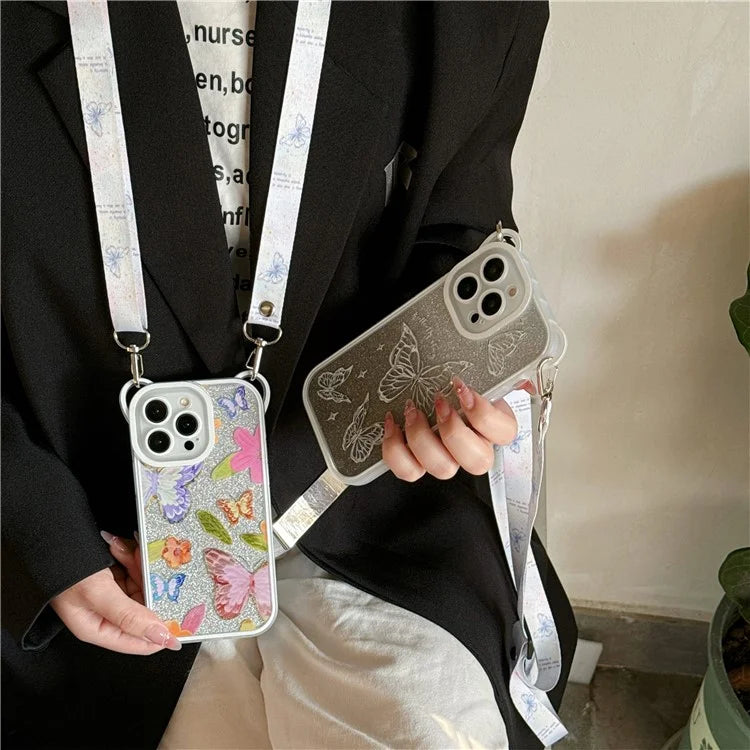 For iPhone 15 Pro Case Butterfly Pattern Glitter TPU Phone Case with Adjustable Lanyard