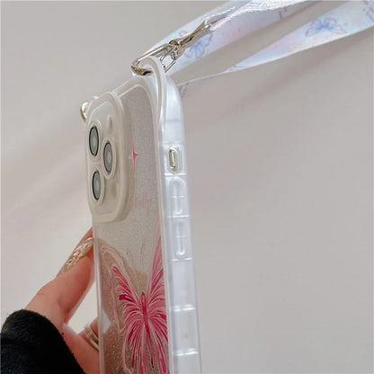 For iPhone 15 Pro Case Butterfly Pattern Glitter TPU Phone Case with Adjustable Lanyard