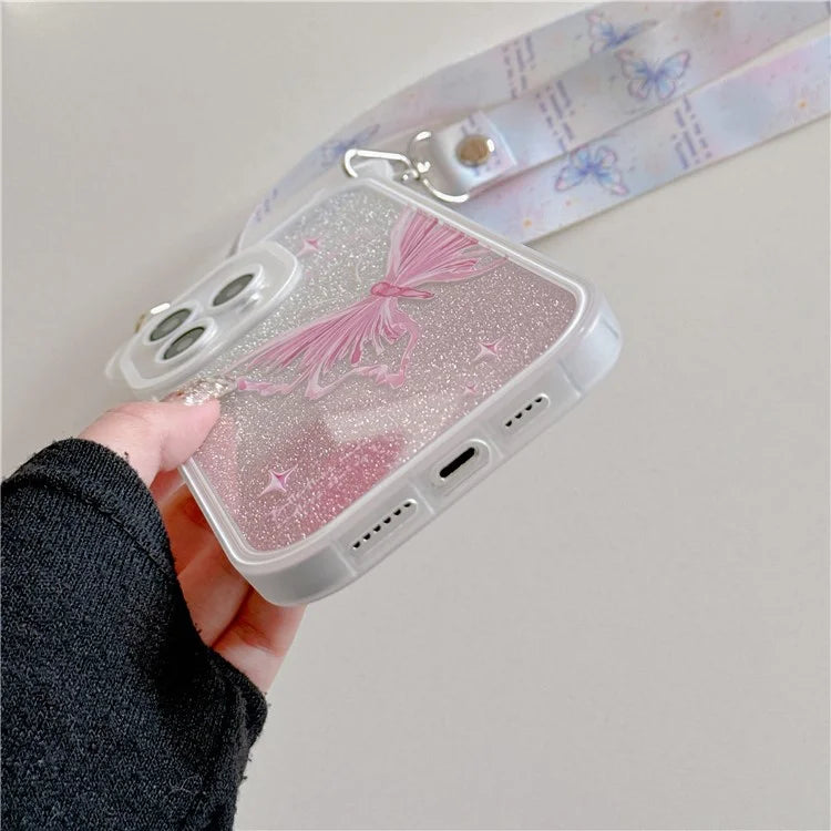 For iPhone 15 Pro Case Butterfly Pattern Glitter TPU Phone Case with Adjustable Lanyard