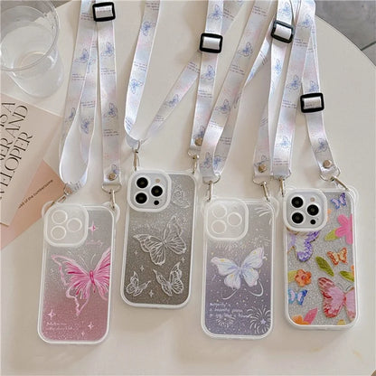 For iPhone 15 Pro Case Butterfly Pattern Glitter TPU Phone Case with Adjustable Lanyard