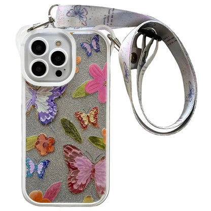 For iPhone 15 Pro Max Case Butterfly Pattern Glitter TPU Phone Case with Crossbody Lanyard