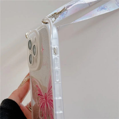 For iPhone 15 Pro Max Case Butterfly Pattern Glitter TPU Phone Case with Crossbody Lanyard
