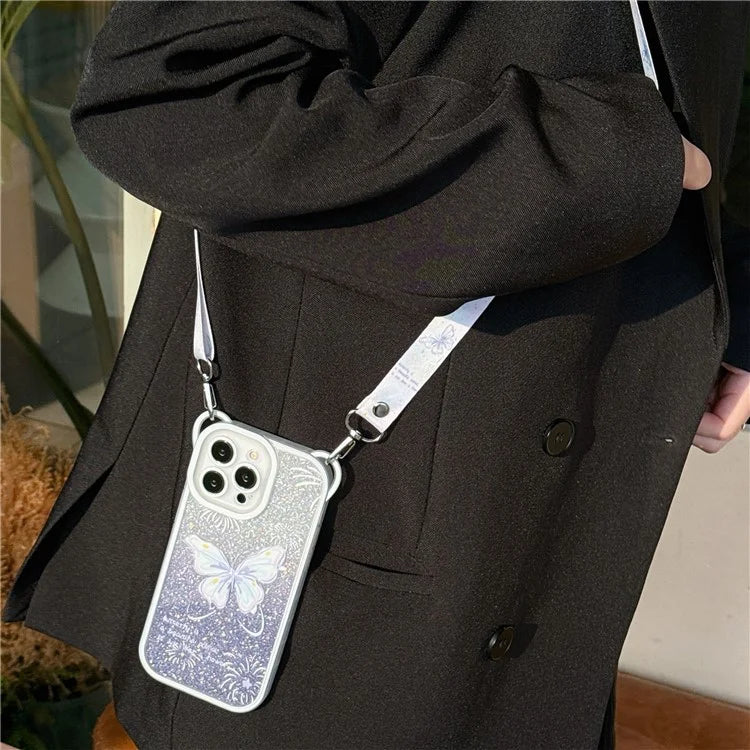 For iPhone 15 Pro Max Case Butterfly Pattern Glitter TPU Phone Case with Crossbody Lanyard