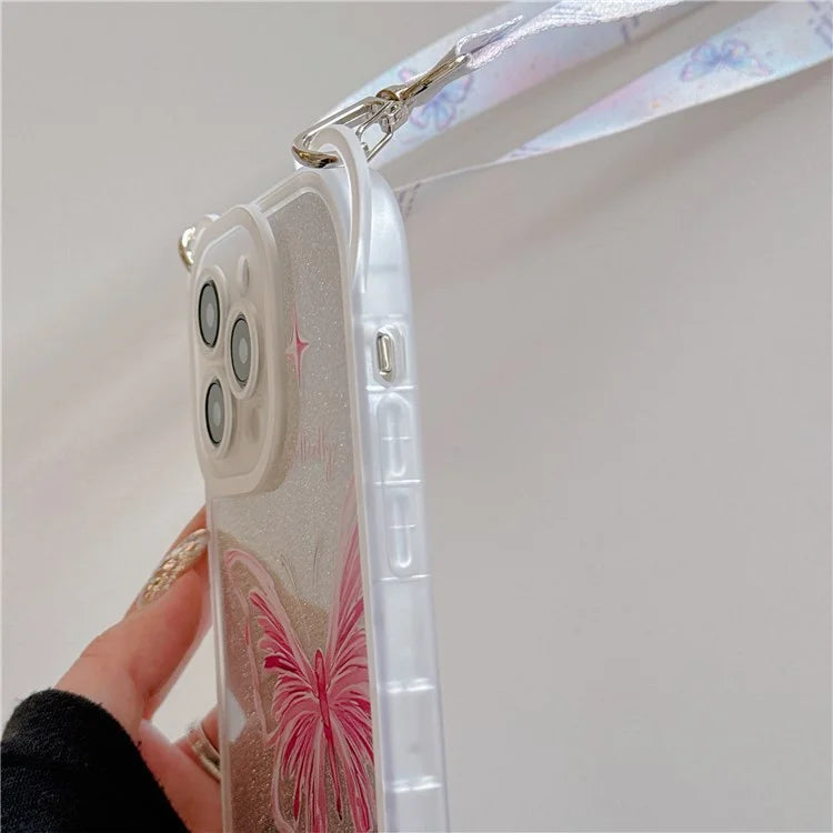 For iPhone 15 Pro Max Case Butterfly Pattern Glitter TPU Phone Case with Crossbody Lanyard