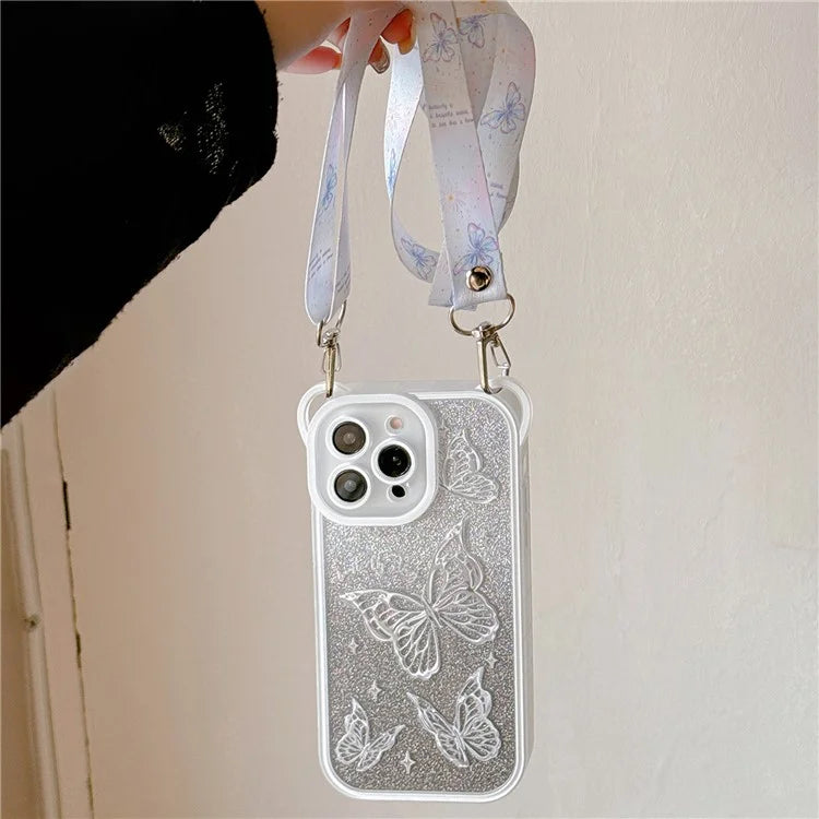 For iPhone 15 Pro Max Case Butterfly Pattern Glitter TPU Phone Case with Crossbody Lanyard