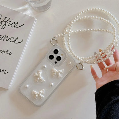 For iPhone 15 Pro Phone Case with Long Lanyard Bowknot Heart Decor PC+TPU Cover