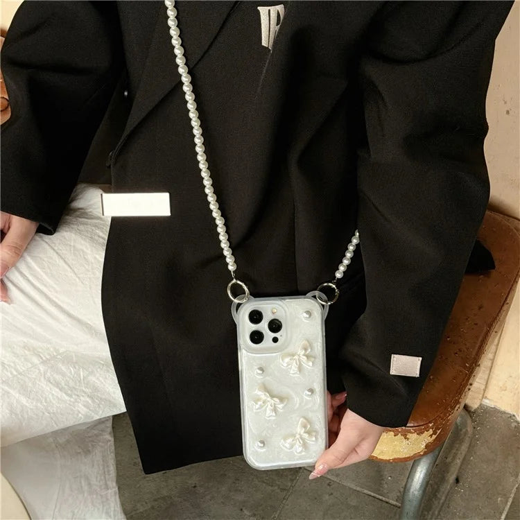 For iPhone 15 Pro Phone Case with Long Lanyard Bowknot Heart Decor PC+TPU Cover