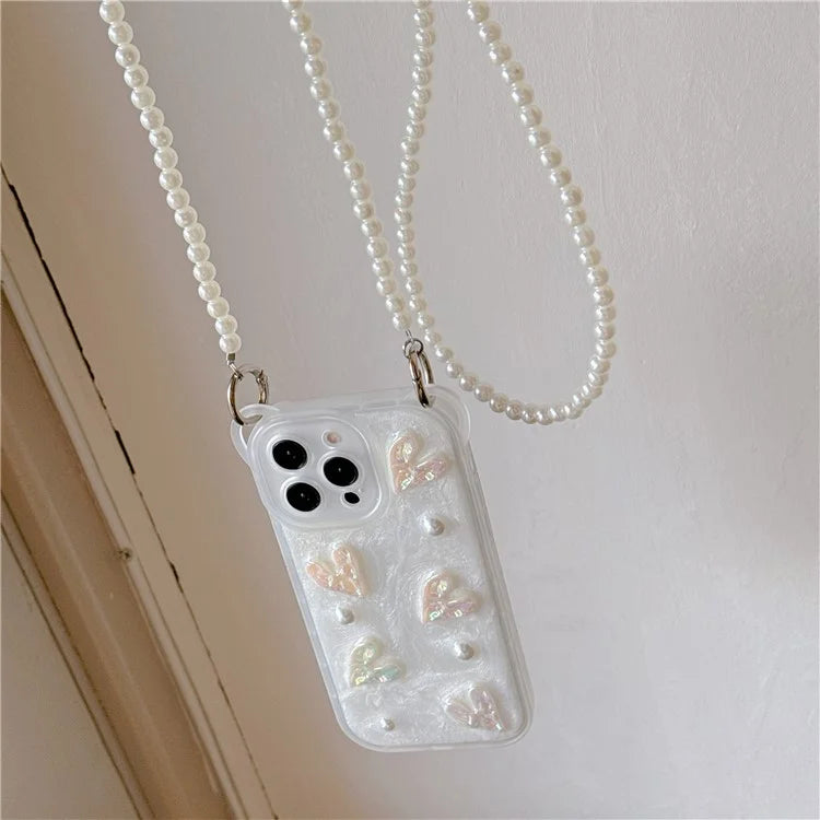 For iPhone 15 Pro Phone Case with Long Lanyard Bowknot Heart Decor PC+TPU Cover